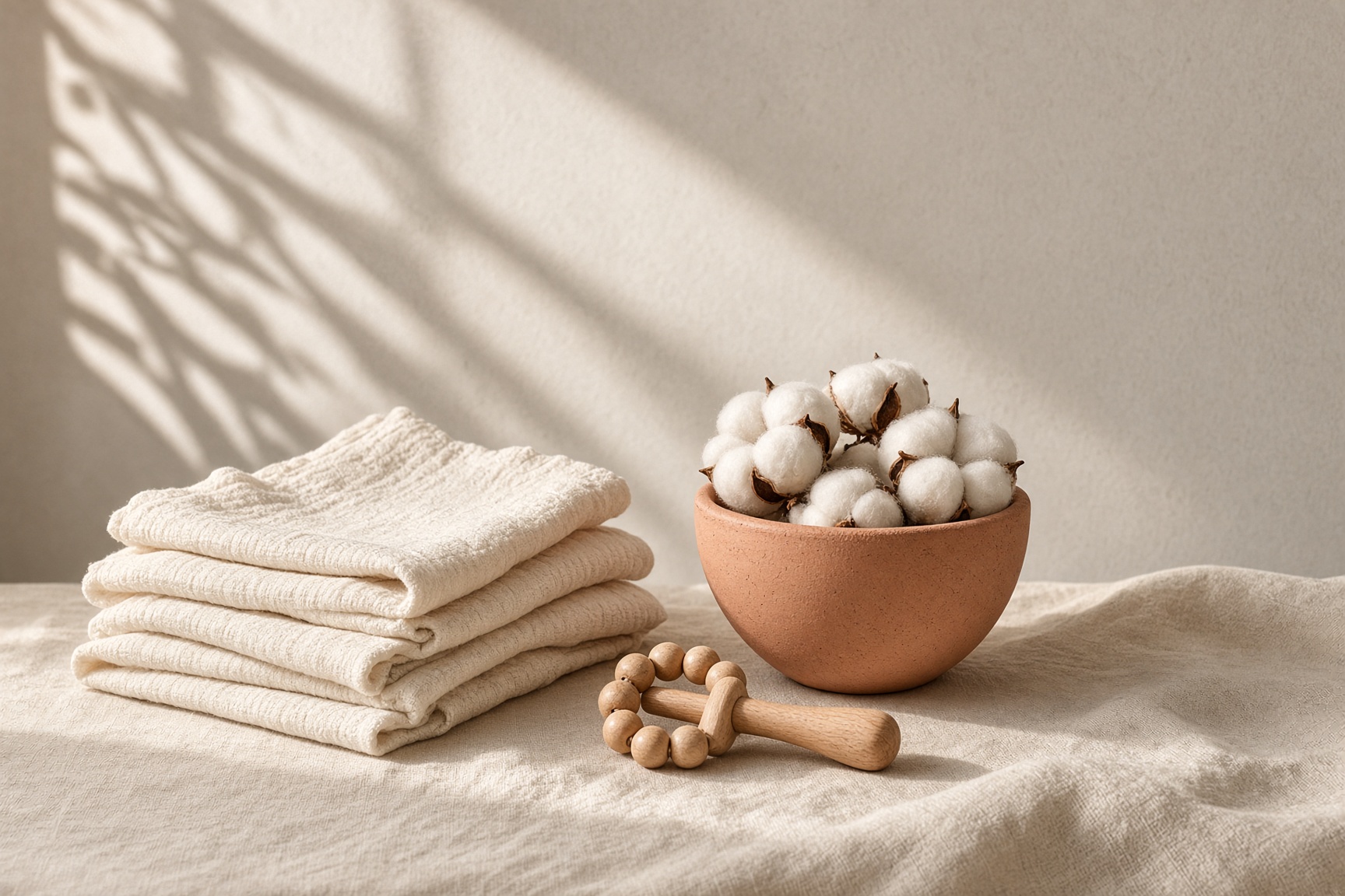 Sunlit studio table with muslin, a clay bowl, and a wooden rattle