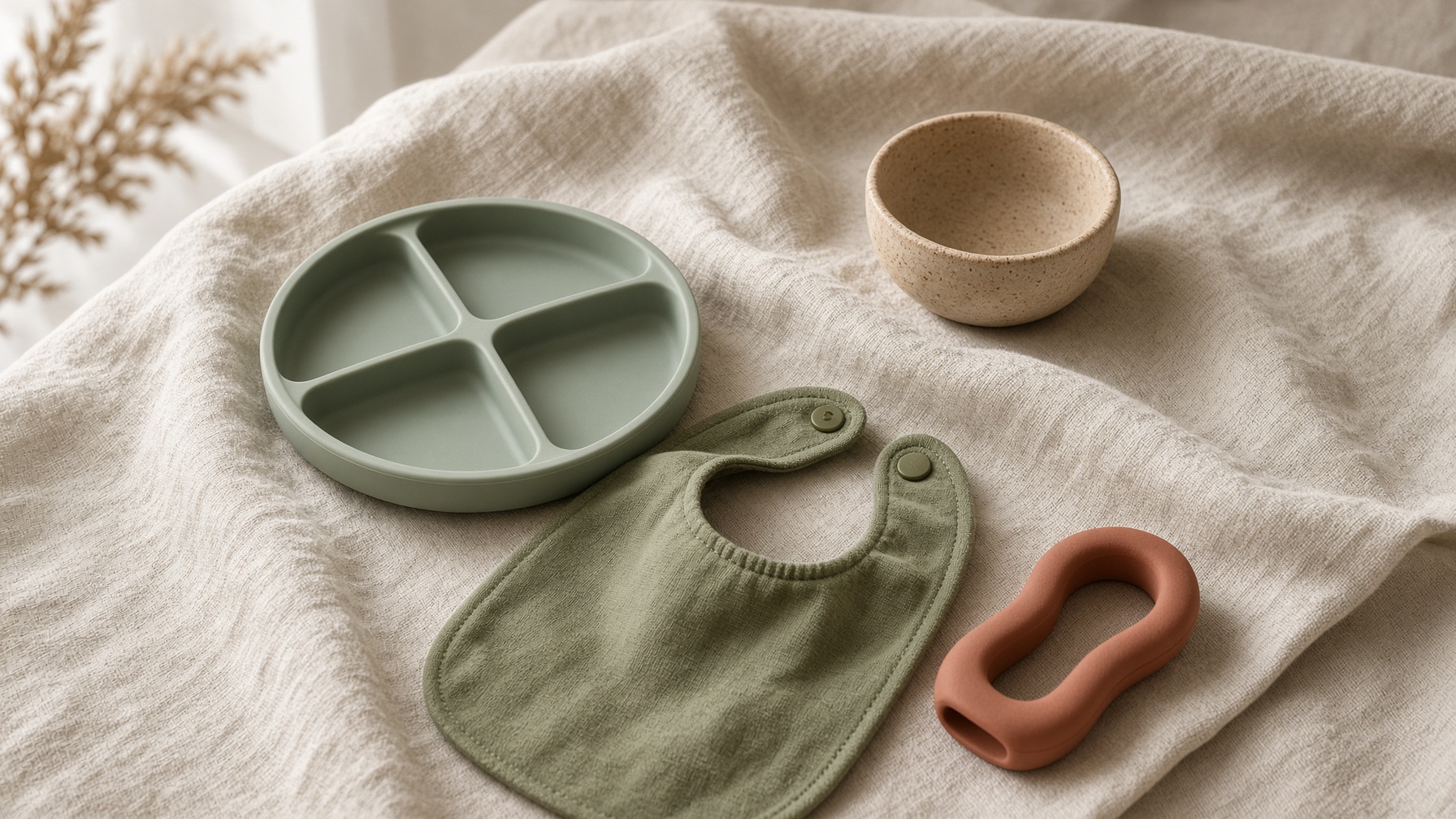 Nursery still life with a sage silicone plate, olive bib, and terracotta teether